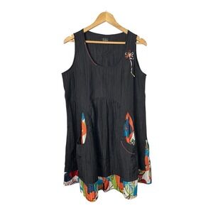 Tara Vao Black Sleeveless‎ Dress Floral Pockets Unique Artsy Design Size Large
